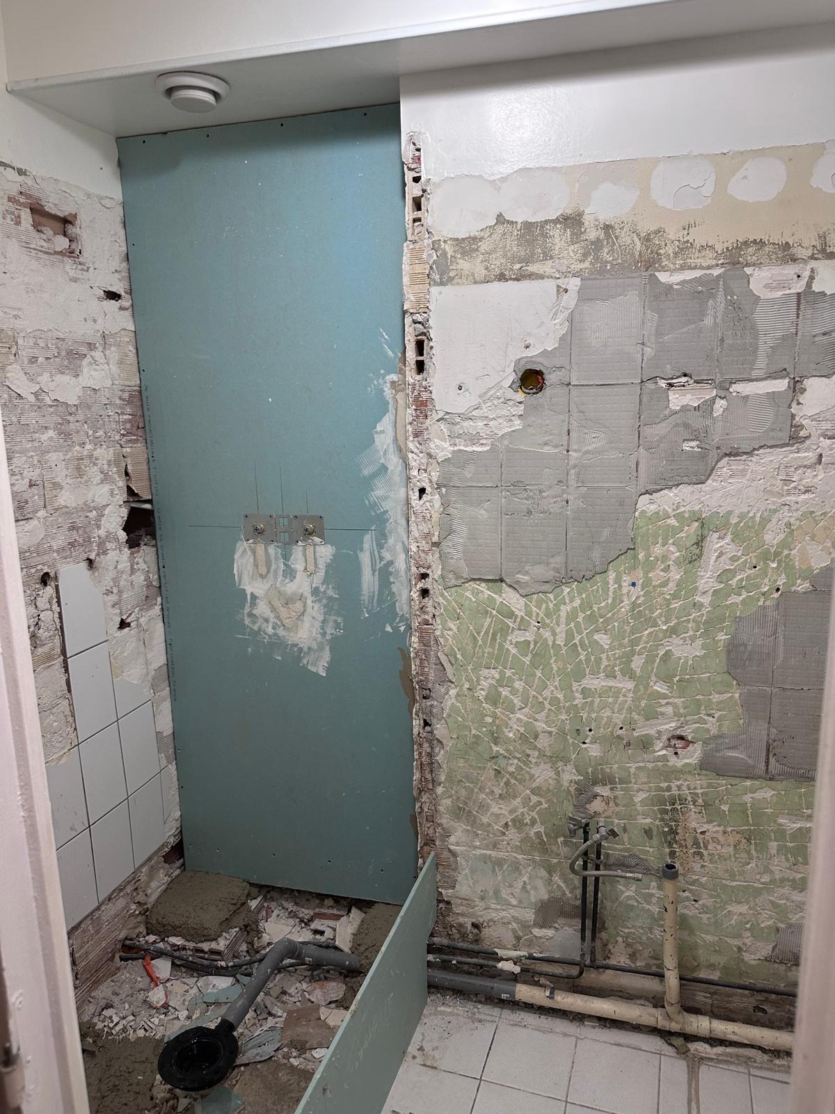 Avant les finitions de la même salle de bains : murs déposés et réseaux de plomberie apparents.